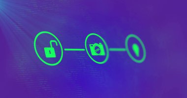 Mor arkaplandaki ışık yollarının üzerindeki simgelerle bağlantı ağının resmi. Küresel teknoloji, bağlantılar ve dijital arayüz konsepti dijital olarak oluşturuldu.