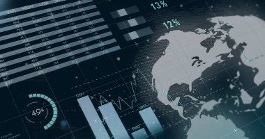 Veri işleme ve siyah arkaplan üzerindeki diyagramların resmi. Küresel iş ve dijital arayüz kavramı dijital olarak oluşturulmuş görüntü.