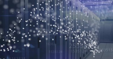 Sunucu odasında DNA ipliği ve veri işleme resmi. Bilim ve dijital arayüz kavramı dijital olarak oluşturulmuş görüntü.