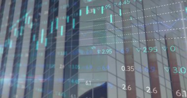 Borsa görüntüsü ve şehir manzarası şeması. Teknoloji ve dijital arayüz kavramı dijital olarak oluşturuldu.