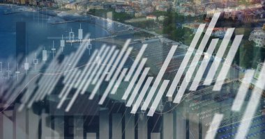 Şehir manzarası üzerinde finansal veri işleme resmi. Küresel finans, iş, bağlantılar, hesaplama ve veri işleme kavramı dijital olarak oluşturuldu.