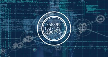 Bilgisayar sunucuları üzerinden dijital veri işleme resmi. Dijital olarak oluşturulmuş küresel bağlantılar, hesaplama ve veri işleme kavramı.