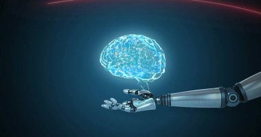 Genişletilmiş robot el ve kol üzerinde koyu arka planda parlayan beynin görüntüsü. Bağlantı, ağ, ai, dijital arayüz ve iletişim, dijital olarak oluşturulmuş resim.