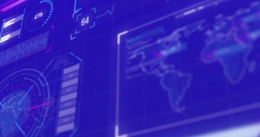 Mavi arkaplan üzerinde dijital veri işleme resmi. Dijital olarak oluşturulmuş küresel bağlantılar, hesaplama ve veri işleme kavramı.