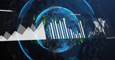 Veri işleme ve dünya üzerindeki diyagramların resmi. Teknoloji, iş ve dijital arayüz kavramı dijital olarak oluşturulmuş görüntü.