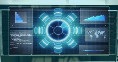 Sunucu odasındaki tarama ve diyagramların görüntüsü. İş, teknoloji ve dijital arayüz kavramı dijital olarak oluşturuldu.