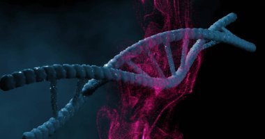 DNA ipliği üzerinde hareket eden pembe şekiller. Teknoloji, iş ve dijital arayüz kavramı dijital olarak oluşturulmuş görüntü.