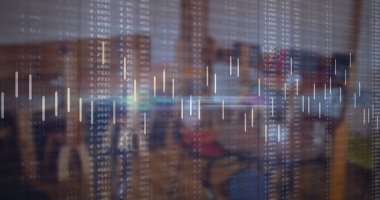 Boş ofis üzerinden veri işleme ve diyagramlarının resmi. Teknoloji, iş ve dijital arayüz kavramı dijital olarak oluşturulmuş görüntü.