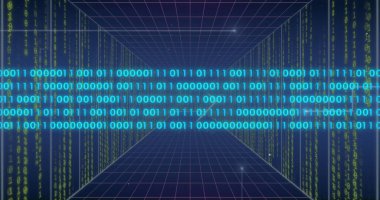 Mavi arkaplandaki ışık yollarının üzerinde veri işleme resmi. Küresel teknoloji, bilgisayar ve dijital arayüz kavramı dijital olarak oluşturulmuş görüntü.