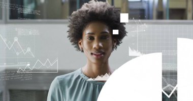 Afro-Amerikan iş kadınının dijital veri işleme görüntüsü. Küresel iş, bağlantılar, hesaplama ve veri işleme kavramı dijital olarak oluşturulmuş resim.