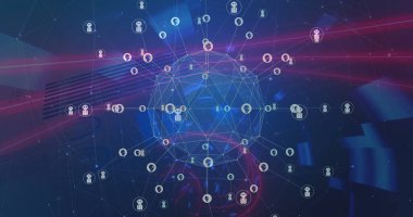 Dijital tünel üzerinden robot simgelerle bağlantı ağının görüntüsü. Teknoloji ve dijital arayüz kavramı dijital olarak oluşturuldu.