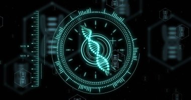 Siyah arkaplan üzerinde DNA ipliği ve dijital veri işleme resmi. Küresel bilim, bağlantılar, hesaplama ve veri işleme kavramı dijital olarak oluşturulmuş görüntü.