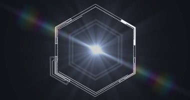 Işık noktalarının üzerindeki altıgenlerin görüntüsü. Teknoloji, iş ve dijital arayüz kavramı dijital olarak oluşturulmuş görüntü.