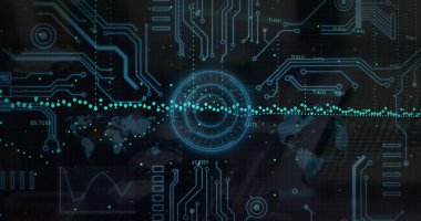 Bilgisayar devre kartından dijital veri işleme resmi. Küresel bağlantılar, bulut hesaplama ve veri işleme kavramı dijital olarak oluşturulmuş resim.