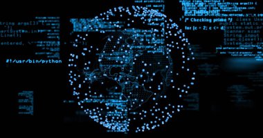Siyah arkaplanda veri işleme ve küresi görüntüsü. Küresel finans, iş, bağlantılar, hesaplama ve veri işleme kavramı dijital olarak oluşturuldu.