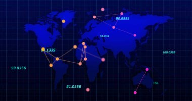 Dünya haritası üzerinde veri işleme resmi. Teknoloji, iş ve dijital arayüz kavramı dijital olarak oluşturulmuş görüntü.