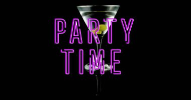 Image of party time text over cocktails on black background. Party, festivity, celebration and entertainment concept digitally generated image. clipart