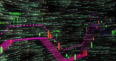 Siyah arkaplanda ışık yollarının üzerinde veri işleme resmi. Küresel teknoloji, bilgisayar ve dijital arayüz kavramı dijital olarak oluşturulmuş görüntü.