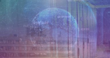 Bilgisayar sunucuları üzerinden küresel ve veri işleme resmi. Dijital olarak oluşturulmuş küresel bağlantılar, hesaplama ve veri işleme kavramı.