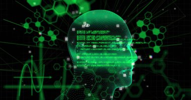 Bilimsel veri işleme ve insan kafası. Küresel bilim, bağlantılar, hesaplama ve veri işleme kavramı dijital olarak oluşturulmuş görüntü.