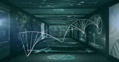 Siyah arkaplandaki veri işleme üzerindeki DNA ipliğinin resmi. Küresel bilim, tıp, bilgisayar ve dijital arayüz kavramı dijital olarak oluşturulmuş görüntü.