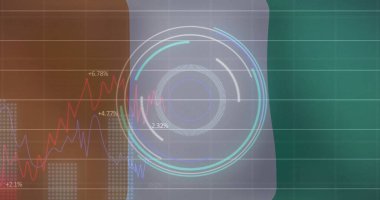 Fildişi sahili bayrağı üzerinde tarama ve finansal veri işleme görüntüleri. Küresel finansman, bilgisayar, vatanseverlik ve dijital arayüz kavramı dijital olarak oluşturuldu.