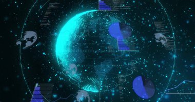 Dünya üzerinde veri işleme görüntüsü. Dijital olarak oluşturulmuş küresel bağlantılar, hesaplama ve veri işleme kavramı.