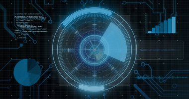 Dijital elementlerle dönen dairesel arayüz, şebeke arkaplanı üzerinde fütüristik görüntü. teknoloji, sanal, hologram, yenilik, ağ, siber