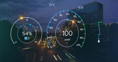 Şehrin üzerindeki elektrikli araba panelinin görüntüsü. Küresel çevre, bağlantılar, hesaplama ve veri işleme kavramı dijital olarak oluşturulmuş resim.