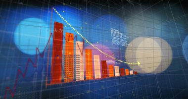 Veri noktaları mavi ve turuncu arkaplan üzerinde olan çizgi ve çizgi grafikleri. analitik, istatistik, görselleştirme, grafik, büyüme, eğilimler