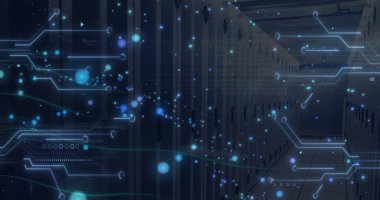 Bilgisayar sunucularının üzerindeki dijital veri işleme ve devre kartının resmi. Dijital olarak oluşturulmuş küresel bağlantılar, hesaplama ve veri işleme kavramı.