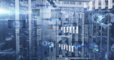 Sunucu odasında veri işleme resmi. Küresel teknoloji, bilgisayar, iletişim ve dijital arayüz kavramı dijital olarak oluşturuldu.