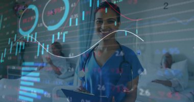 Melez kadın doktorların konukseverlikte finansal veri işleme görüntüsü. Küresel tıp, bağlantılar, hesaplama ve veri işleme kavramı dijital olarak oluşturulmuş görüntü.