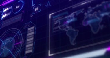 Veri işleme üzerinde diyagramlar ve dünya haritası. Küresel teknoloji ve dijital arayüz konsepti dijital olarak oluşturuldu.