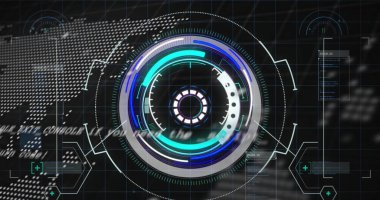 Veri işleme ve kara arkaplanda dünya haritası üzerinde tarama yapılan alanın resmi. Küresel teknoloji, bilgisayar ve dijital arayüz kavramı dijital olarak oluşturulmuş görüntü.