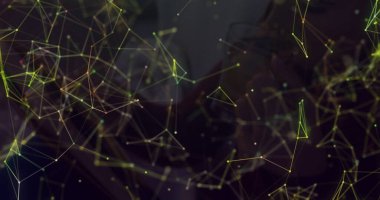 Bulanık arkaplanda hareket eden şekillerin görüntüsü. Teknoloji ve dijital arayüz kavramı dijital olarak oluşturuldu.