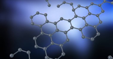 Mavi arkaplandaki moleküllerin görüntüsü. Küresel bilim, teknoloji, hesaplama ve dijital arayüz kavramı dijital olarak oluşturulmuş görüntü.