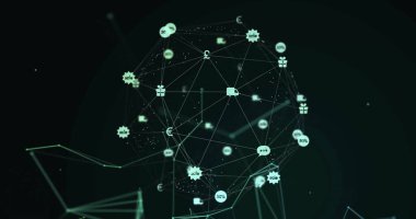 Dünya üzerindeki dijital simgelerle olan bağlantı ağının görüntüsü. Dijital olarak oluşturulmuş küresel bağlantılar, hesaplama ve veri işleme kavramı.