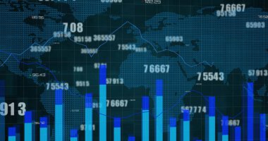 Siyah arka planda dünya haritasında finansal veri işleme resmi. Küresel finansman, bilgisayar, iş ve dijital arayüz kavramı dijital olarak oluşturuldu.