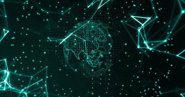 Şekiller üzerinde dünya ile bağlantı ağının görüntüsü. İş, teknoloji ve dijital arayüz kavramı dijital olarak oluşturuldu.