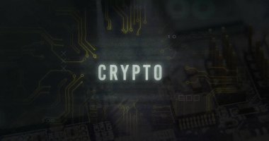 CRYPTO devre kartı ve dijital veri arkaplanı üzerinden resim metni gönderiyor. Kripto para birimi, engelleme zinciri, finans, teknoloji, siber güvenlik, ağ