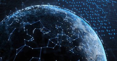 Dünya üzerinde hareket eden şekillerin görüntüsü. İş, teknoloji ve dijital arayüz kavramı dijital olarak oluşturuldu.