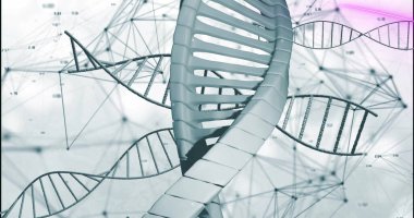 Veri işleme üzerindeki DNA iplikçiklerinin resmi. Bilim, teknoloji ve dijital arayüz kavramı dijital olarak oluşturuldu.