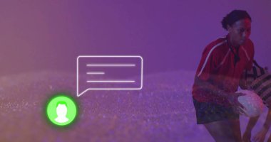 Çeşitli kadın rugby oyuncularının oynadığı medya simgeleri. Teknoloji, spor ve dijital arayüz kavramı dijital olarak oluşturulmuş görüntü.