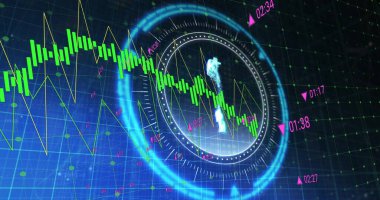 Ruble sembollü tarama kapsamındaki veri işleme ve diyagramlarının resmi. Teknoloji, iş ve dijital arayüz kavramı dijital olarak oluşturulmuş görüntü.