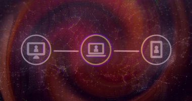 Kırmızı şekillerin hareket ettiği ortamın simgeleri. Bilim, teknoloji ve dijital arayüz kavramı dijital olarak oluşturuldu.