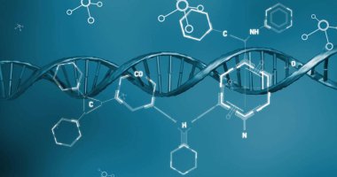 Mavi arka plan üzerinde DNA ipliği ve bilimsel veri işleme resmi. Küresel bilim, bağlantılar, hesaplama ve veri işleme kavramı dijital olarak oluşturulmuş görüntü.