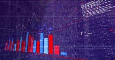 Şehir manzarası üzerindeki veri işleme ve diyagramlarının resmi. Küresel teknoloji ve dijital arayüz konsepti dijital olarak oluşturuldu.