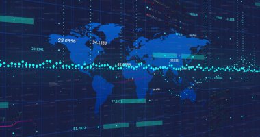 Dünya haritası ve borsası üzerindeki veri işleme ve diyagramlarının resmi. Küresel teknoloji ve dijital arayüz konsepti dijital olarak oluşturuldu.