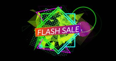 Siyah arkaplanda renkli geometrik şekiller üzerinde Flash Sale metin resmi. promosyon, indirim, afiş, reklam, canlı, grafik